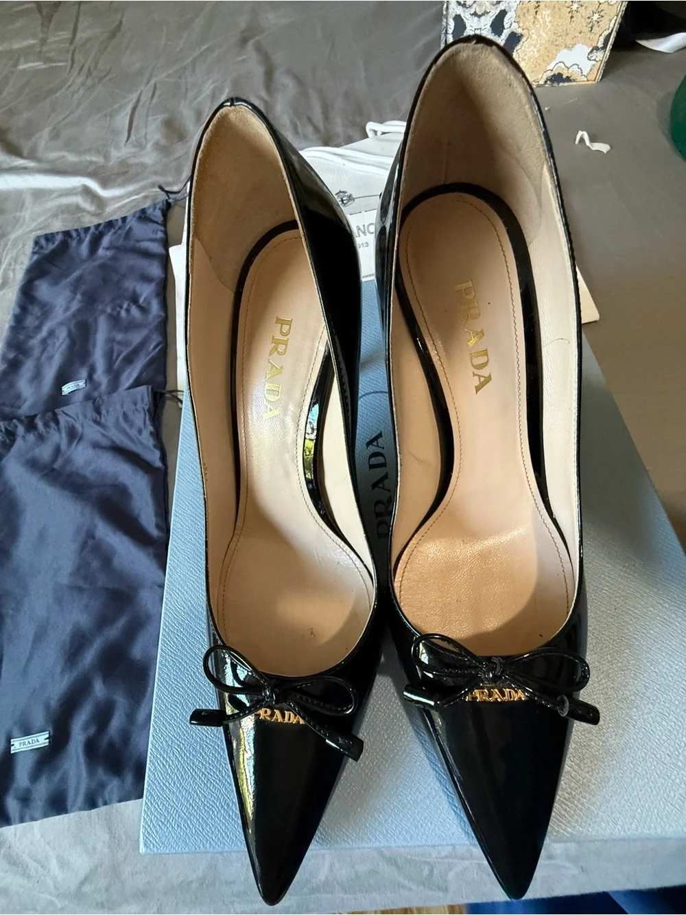 Prada Black Patent Leather Pointed Toe Pumps with Bow $300 size 8.5